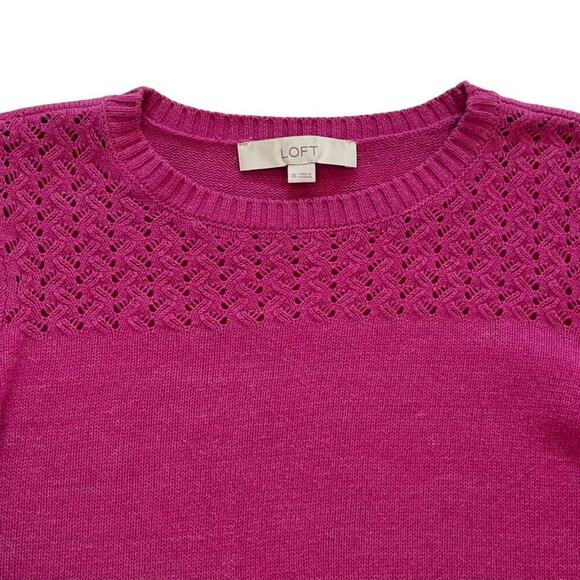 LOFT Cotton Fuchsia/Magenta/Purple Long Sleeve Sweater, Open Knit Sleeves, XS - Picture 3 of 9